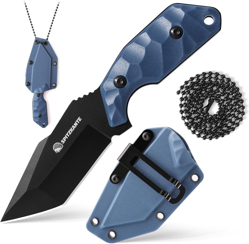 SPITZKANTE 3.07" Small Neck Knife X-TAN-K, Horizontal Carry Knife with Sheath and Necklace, Full Tang Tanto 5Cr14MoV Steel Blade, Blue ABS Handle - Image 1